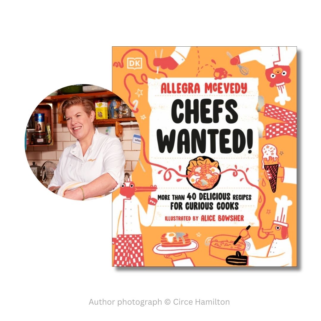 Composite picture of Allegra McEvedy and the book cover of her book Chefs Wanted