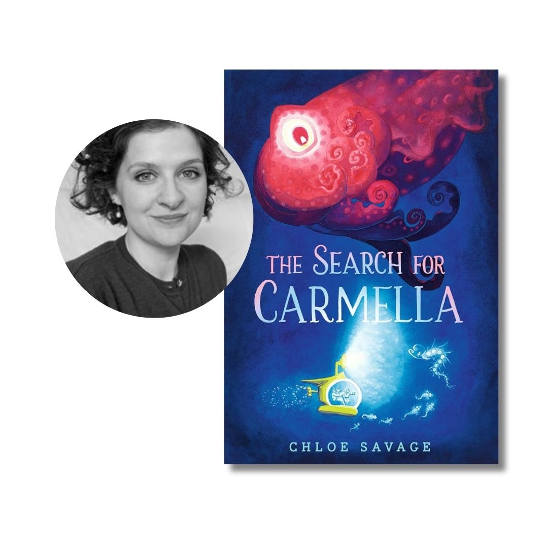 Composite picture of Chloe Savage and the book cover of his book The Search For Carmella