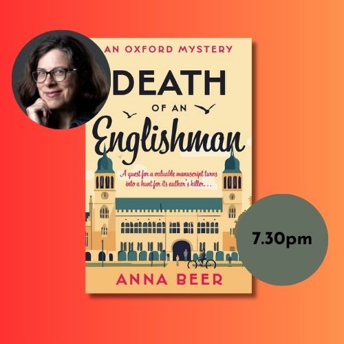 Book cover of Death of an Englishman and author photo with abstract background