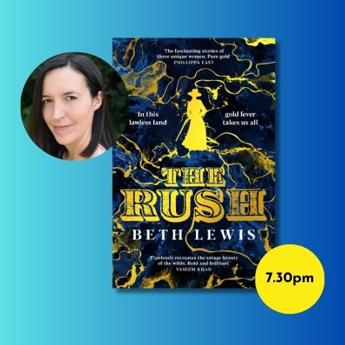 Book cover of The Rush and author photo with abstract background