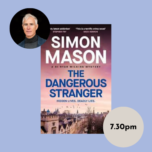 Poster with event title and book cover overlaid on gradient