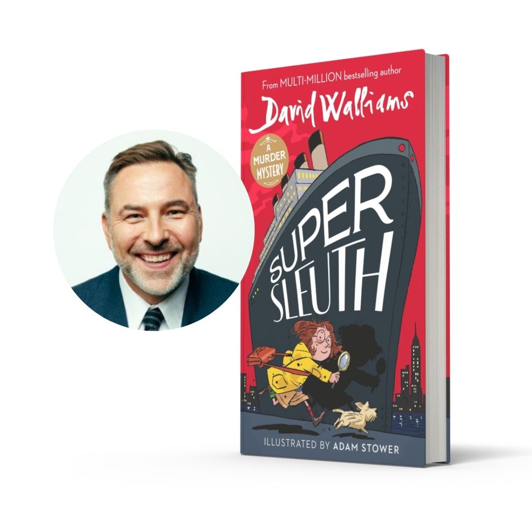 Composite picture of David Walliams and the book cover of his book Super Sleuth