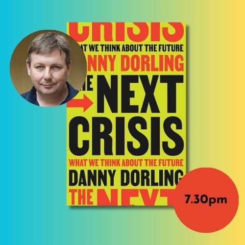 Book cover of Next Crisis and author photo with abstract background