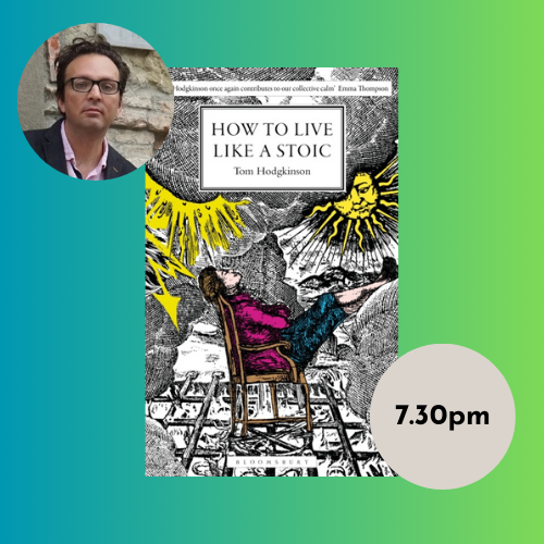 Poster with event title and book cover overlaid on gradient