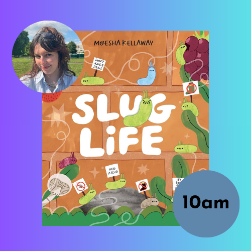 Author image, book cover and time on gradient background