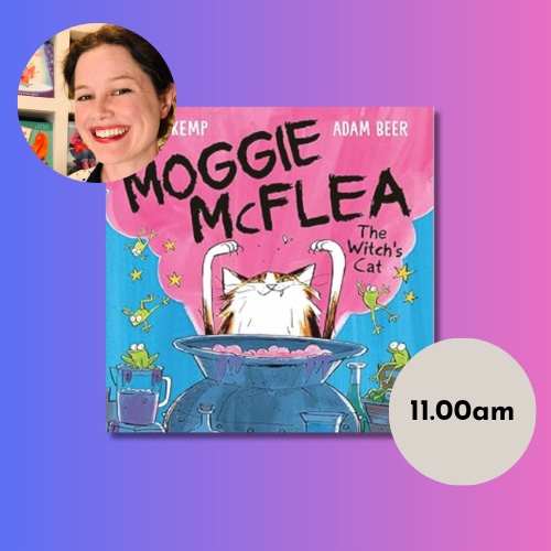 Author photo and book cover over gradient background