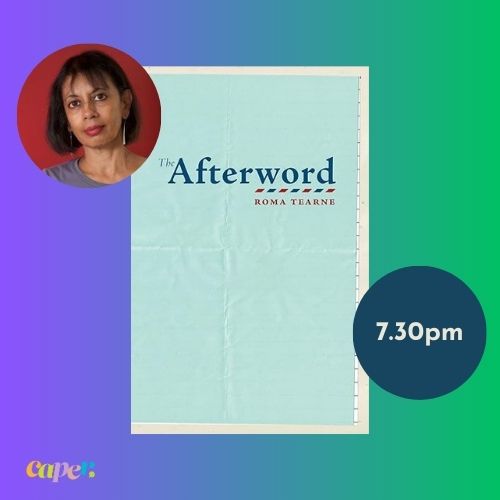 Book cover of Afterword and author photo with abstract background