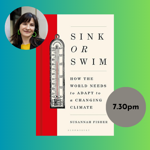 Image of book cover and author photo with abstract background